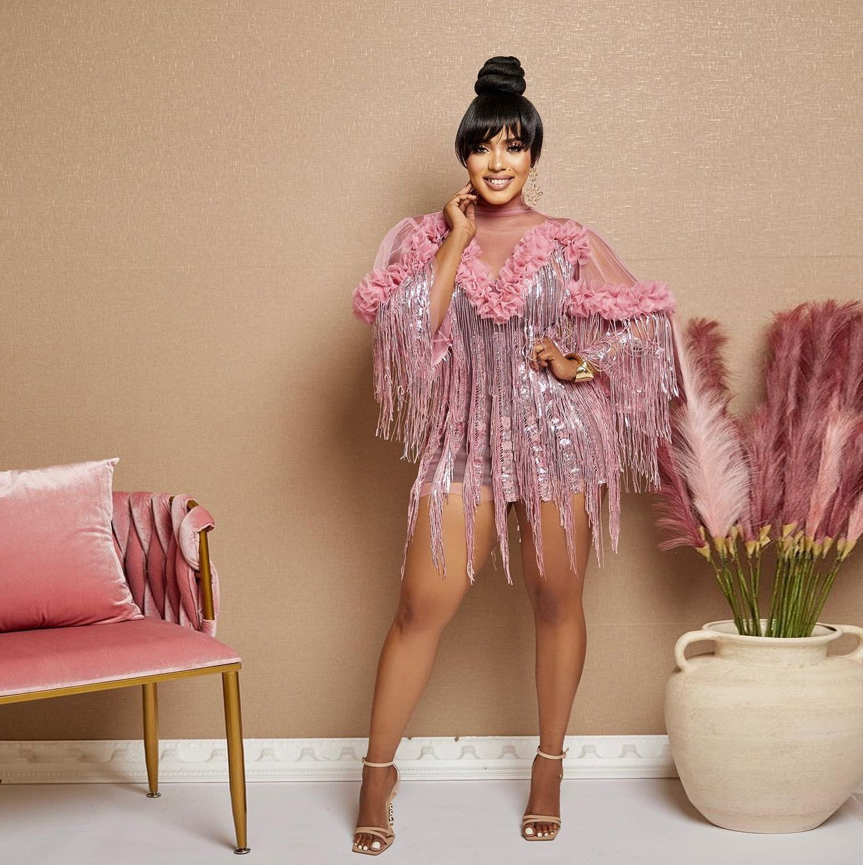 Sequined Tassel Evening Dress Short Sleeve Dress Women Sexy Party Bella Mia